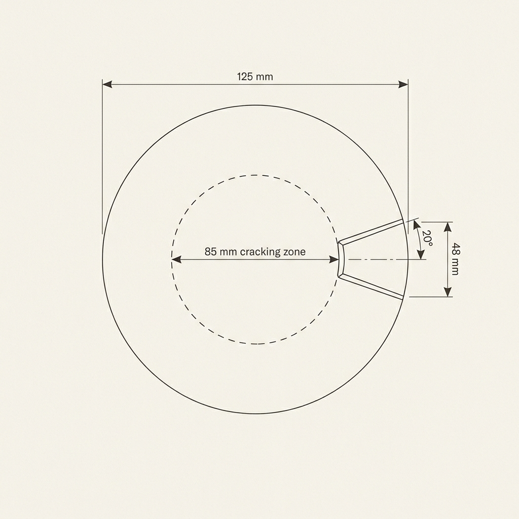 eggpl8 dimensions — 125mm outer diameter, 85mm cracking zone, 48mm spout