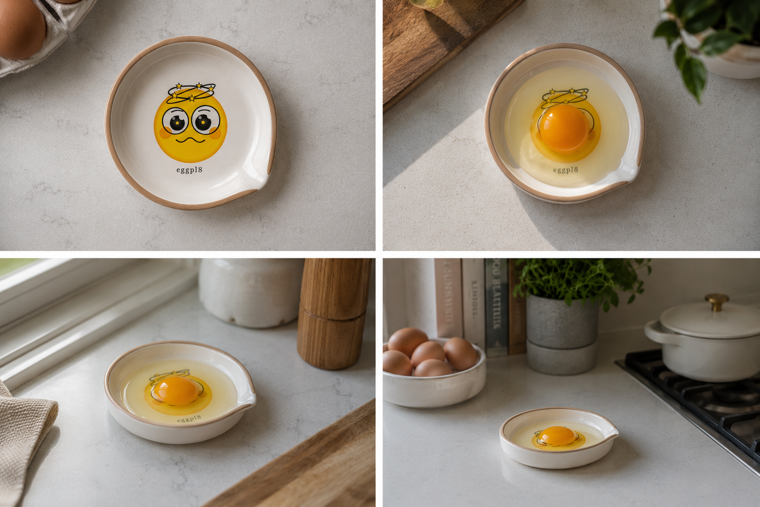 four views of eggpl8: overhead, in use with cracked egg, on the counter, on the stovetop