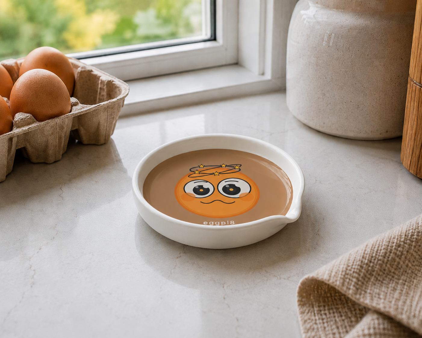 eggpl8 ceramic on a kitchen counter — warm stoneware surface
