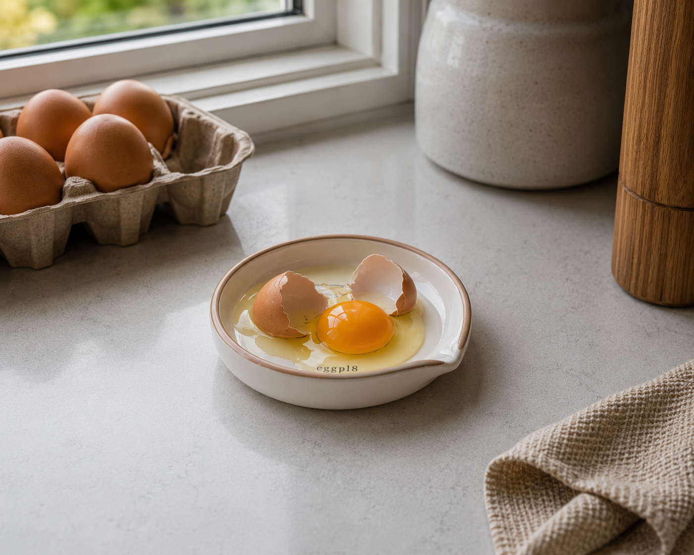 eggpl8 with a freshly cracked egg — yolk intact, shell contained by the rim