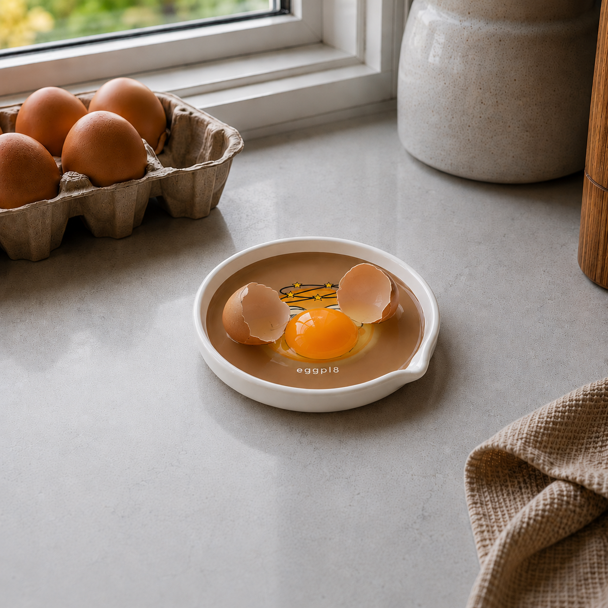 cracked egg resting in eggpl8 — yolk intact, shell pieces contained within the rim
